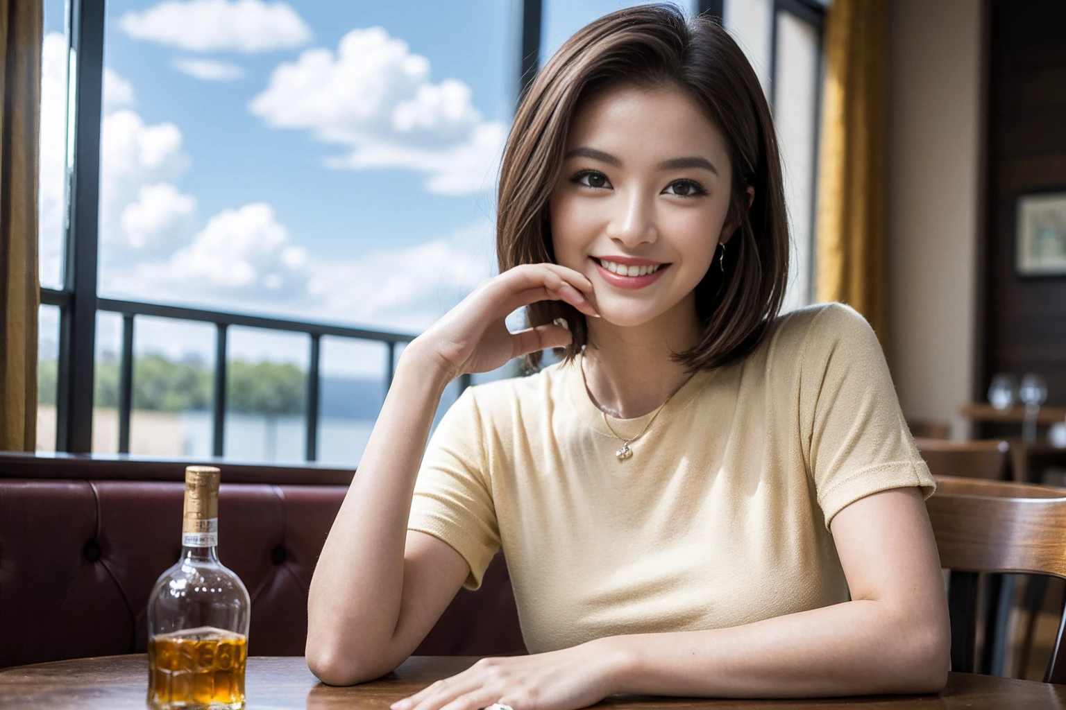 ((Highest quality、8k、masterpiece:1.3))、Whiskey bottles、The Macallan、Joni Black、Old Parr、whiskey、Suntory、Nikka、Slim Couple、modelカップル、(Realistic, Intricate details:1.2), full-course dinner、Whiskey bottle and glass on the table、Single Malt、scotch、Rocks glass、Shot Glass、Malt whiskey、、Scotland、Amazing view of the sunset sky and clouds、A bright smile、The wonderfulness of smile、 Beautiful Face, blue eyes, The light shines on your face, blush, short hair,Bright Face、 (Age 37), 3,Two beauties、Brown Hair、Shortcuts、Short sleeve shirt、dress、Beautiful woman 1, (Slim face), (The body is スリム), (Brown Hair), (Shortcuts), cheeks turn a little red,Attractive beauty、restaurant, In a prominent place (From the waist up) Nova Frog Style, actress, model, (smile: 1.15), Beautiful fine grain, Depth f/2,saturation, High Contrast, Strong light and shadow,Moist Body:1.5、3D texture、Delicate eyes、Brown Hair、The hair is very shiny、