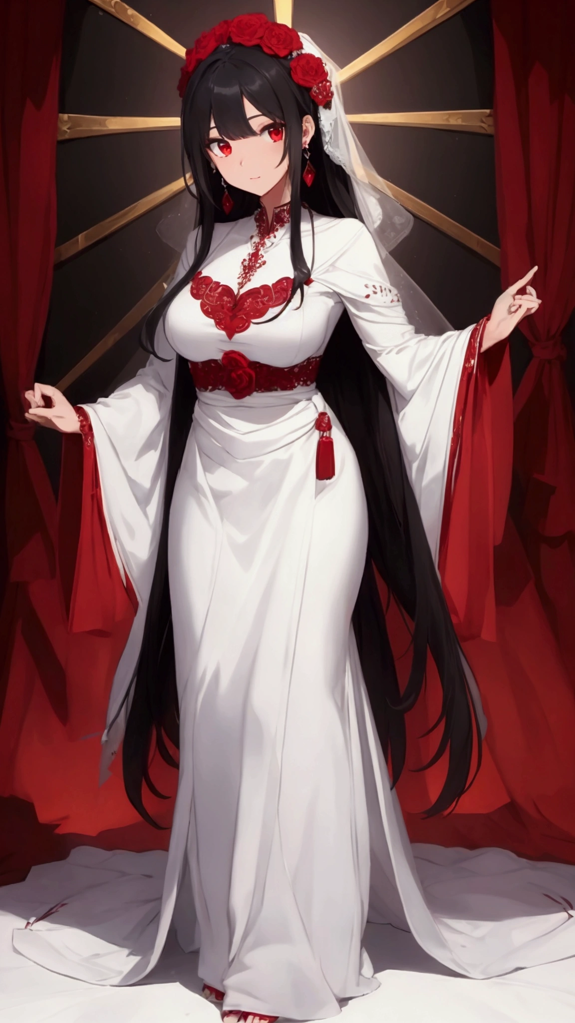 man, black hair, red eyes, earrings, wearing a beautiful white wedding tukedo, handsome, full body