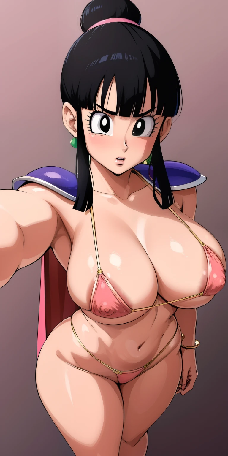 Point of view from above, selfie, Disgusted Face, Super detailed face, Super detailed body, seductive body, chichi_dbz, standing, solo, large_breasts, Chichi_Bikini_Armor, masterpiece, best quality, detailed face, detailed eyes, highres, pointy breasts, giant  , micro bikini, micro thong v-string, thong , erect nipples , Pink micro bikini, pink thong