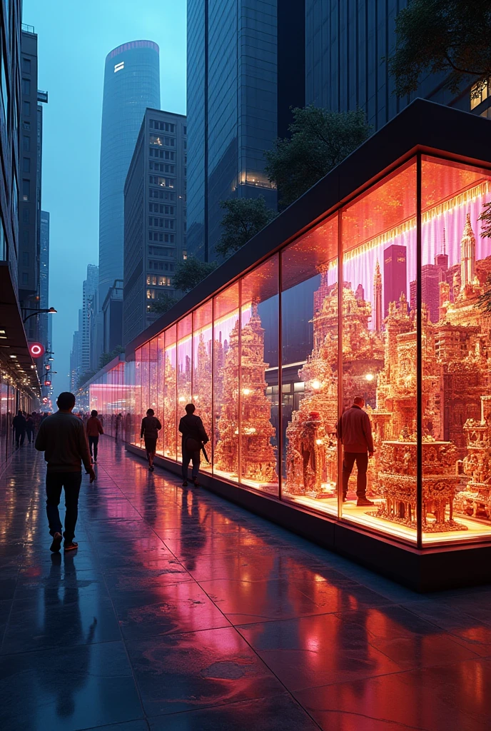 detailed intricate glass display cases, streets of São Paulo, Brazil, 2024, contemporary urban architecture, neon lighting, reflections, pedestrians, city life, photorealistic, 8k, highly detailed, cinematic lighting, warm color tones, dramatic shadows, volumetric fog, award-winning photography