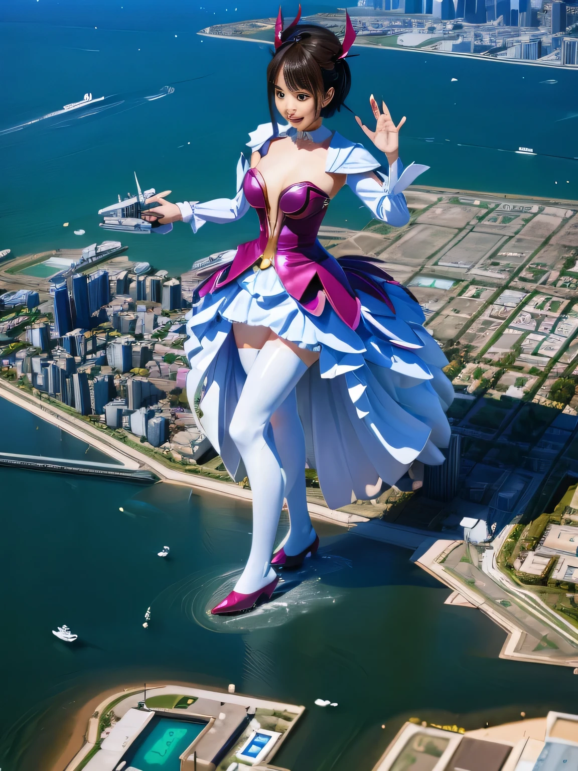 multiple girls, 3girls, standing, giantess art, highly detailed giantess shots, giantess, most detailed, perfect face, Two legs, Five fingers, short hair, A beautiful girl who is bigger than a skyscraper, Wearing rimless glasses, smile, huge breasts, magical girl dress, bow, magical girl, holding a magical wand, black pantyhose, stiletto heels, thunderbolt from a magical wand, seaside metropolis, numerous miniature warships on the sea, Destroying cities, Under heavy attack, A very small big city, Miniature metropolis, Full body description, GTS, giga giantess, gigagts, stomping city, crash city, tiny city, micro city, pantyhose feet, High resolution, highest quality, masterpiece, 