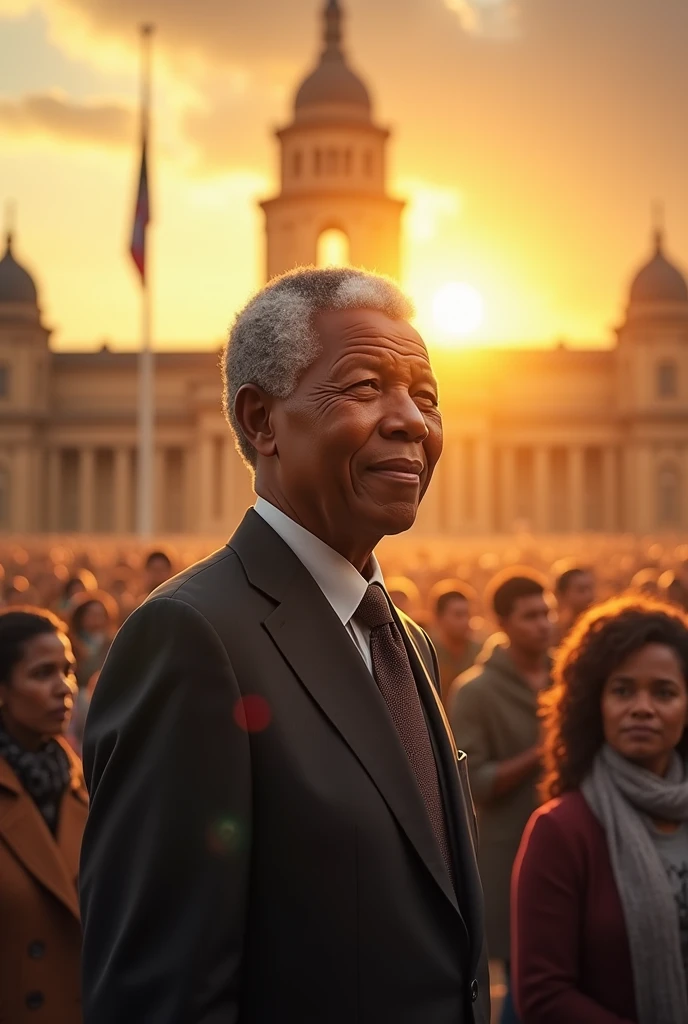 Thumbnail Concept: Nelson Mandela standing in front of the Union Buildings in Pretoria, with a soft-focus crowd of diverse South Africans behind him and a radiant, peaceful sunset filling the sky. weidth 1280, height720