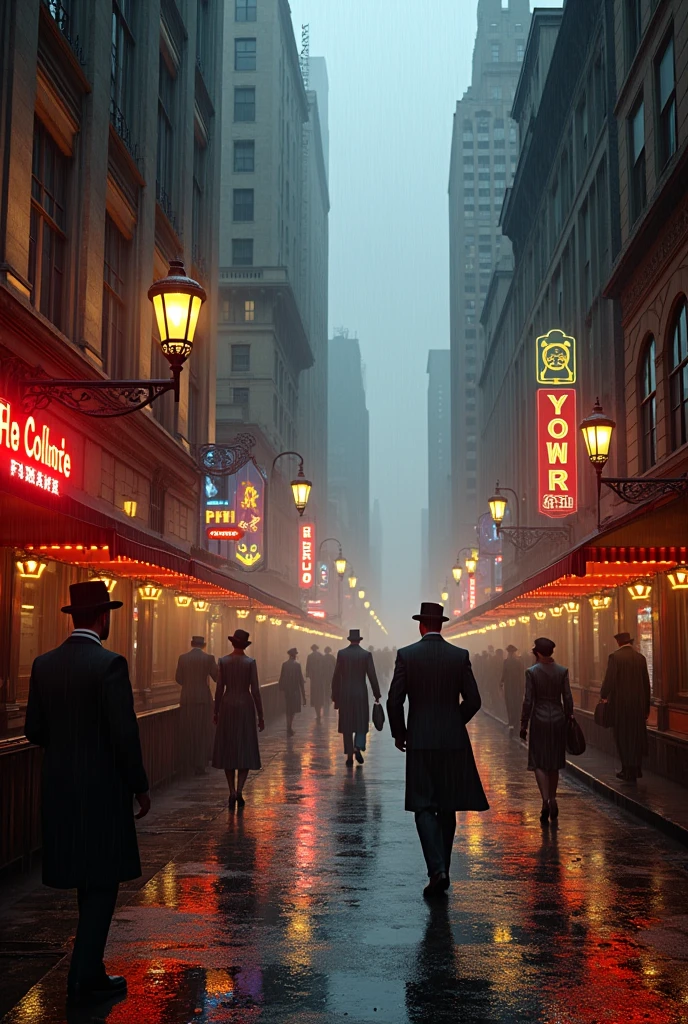 a beautiful detailed vitrines of New York street, 1920s fashion, neo-gothic architecture, vintage street lamps, neon signs, reflections, rainy day, dramatic lighting, cinematic, hyperrealistic, 8K, photorealistic, masterpiece, high quality