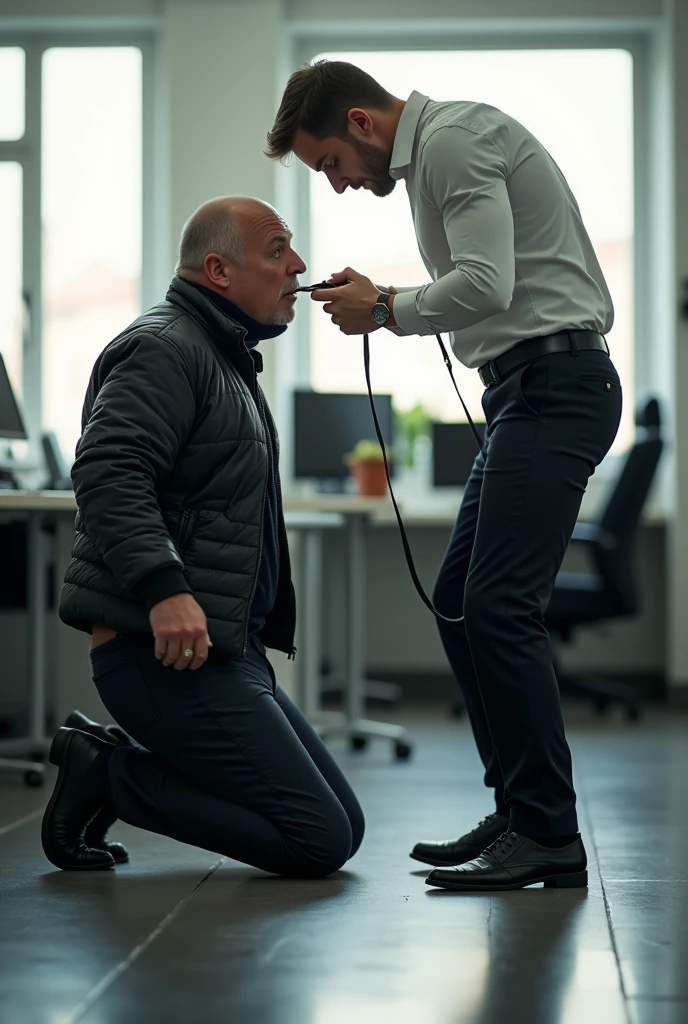 Create a hyper-realistic, high-resolution RAW image featuring TWO EXTREMELY HANDSOME MEN TOGETHER in a brightly lit office setting. The focus is on the intense interaction between the two men, with every detail rendered to achieve an absurdly realistic result.
Man A, Age 48: A strikingly handsome man with light-colored eyes and short hair showing early signs of balding. He is dressed in dark pants, formal shoes, and an open, extremely shiny black leather puffer jacket that exposes his hairy chest and slightly prominent belly. Man A is positioned on all fours on the office floor, wearing a visible expression of deep humiliation and forced submission. A collar, resembling that of an animal, is around his neck, and he is being pulled by it.
Man B, Age 31: The dominant figure in the scene, Man B is the boss, with short hair, light skin, and a naturally attractive, non-muscular build. He is dressed in sharp, well-fitted business attire, including a dress shirt and formal trousers. He stands tall next to Man A, gripping the animal collar with a smug, authoritative expression as he pulls it, forcing Man A’s head upward toward the camera. His body language and facial expression convey clear dominance and a sense of power over the humiliated employee.
The office is brightly lit, with clean, modern decor, enhancing the stark contrast between the submissive posture of Man A and the authoritative stance of Man B. The image should capture the fine details of their clothing, facial expressions, and the dynamic interaction, emphasizing the realism of the scenario and the power imbalance between the two men. Every aspect should be meticulously detailed to create an image of striking realism.