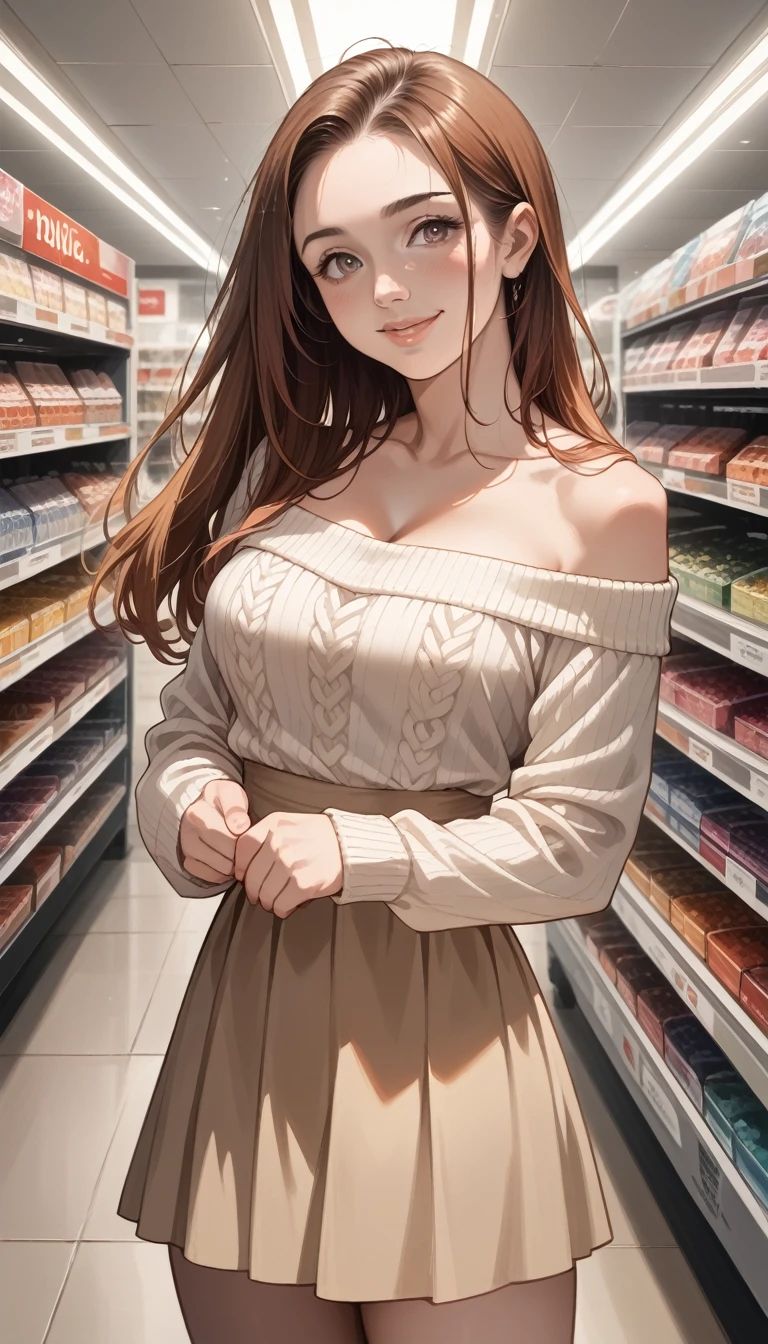 (best quality, ultra-detailed, photorealistic: 1.39), Face of naughty 1 teenager, Girl in love with big breasts, bright and vibrant colors, studio lighting, romantic expression, beautiful detailed red off-shoulder sweater:1.2  , sensual white mini skirt, elegant makeup, long blonder hair flowing in the wind, attractive eyes, lips bright, sexy pose, beautiful roses, smiling confidently and seductively, posing for a professional photo shoot, shallow depth of field, soft natural lighting, creating a dreamy and magical atmosphere. In the clothing store, beautiful store