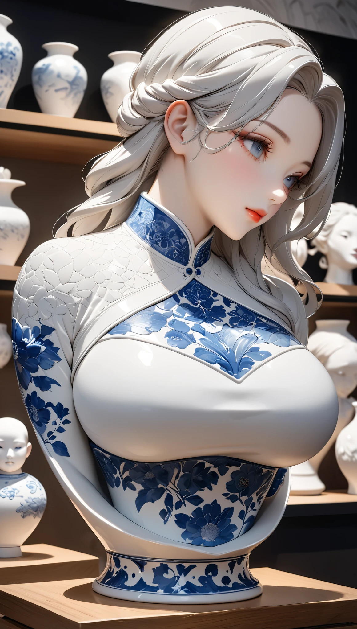 Ceramic bust of a woman, Beautiful girl statue, Curvaceous, Sweet look, Pottery skin, Ceramic Face, Porcelain Hair, Natural texture, White porcelain tin, Artworks on display, Fine ceramic art, Highest quality, Highest quality, masterpiece:1.2.