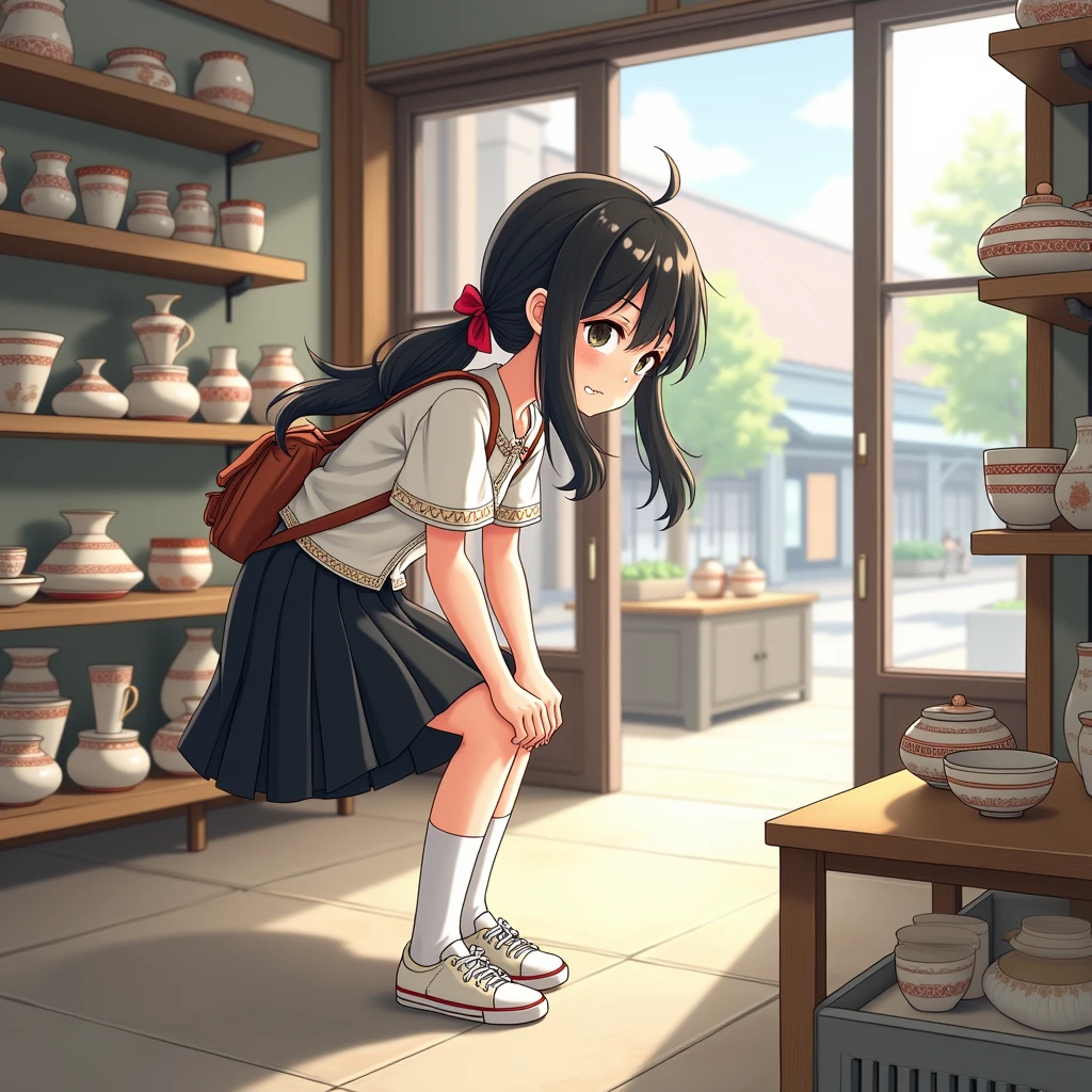 Anime Style, Realistic and beautiful backgrounds,
A girl leans forward with her hands on her thighs, looking at pottery,
She is wearing a cute white decorated blouse with short sleeves and no buttons., mid black flare skirt, no school uniform, no pleated skirt,
Wearing white knee-high socks, Wearing sneakers. bag,
Her hair style is low twin tails, with red ribbons, very long length and black, low pigtails. 
Not high twin tails.
On the go, Japanの陶器, dish, Bowl, Cup, shop, indoor, Japan, Glass door, street,
Daytime, from side, Focus on the face, Mid Shot.