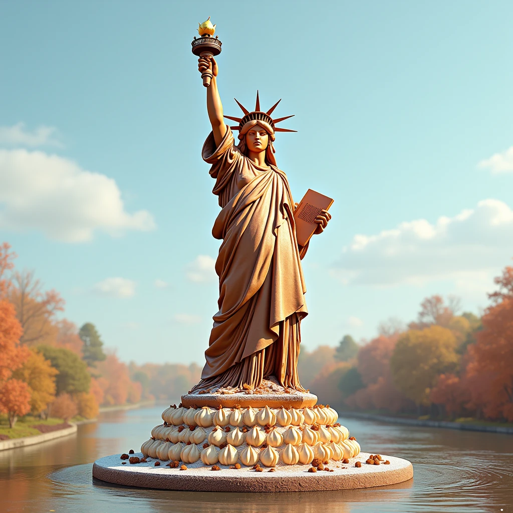liberty statue made of dessert but keep architecture with real background