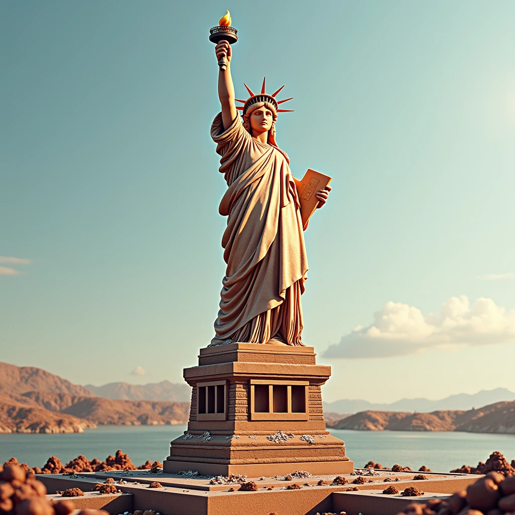 liberty statue made of dessert but keep architecture with real background
