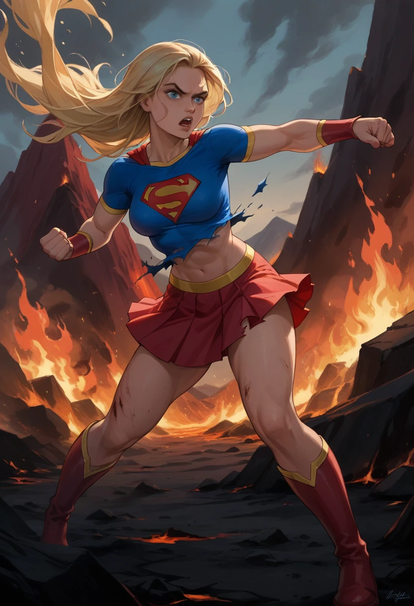 Supergirl, fighting pose, in a volcano, burned clothes, You can see her blue bra, burnt red skirt, Red boots, the red house. white t-shirt, by the wide, 