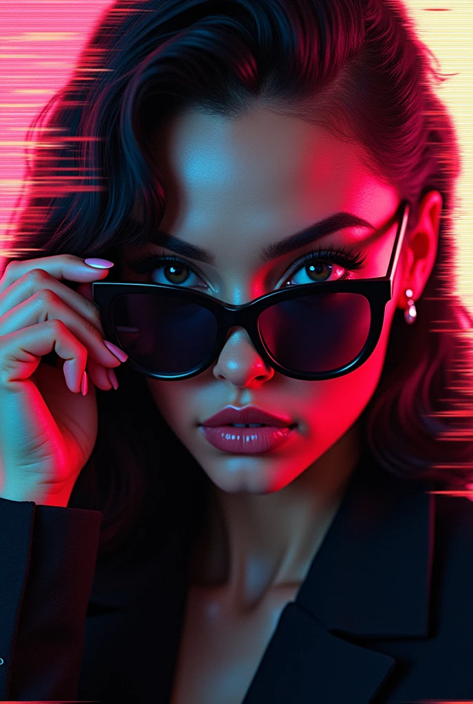 make a A bad bitch with sunglasses but down to the nose like peeking through the sunglasses and Her hand is touching the sunglasses made from glitch only the girl must be looking only straight to the camera