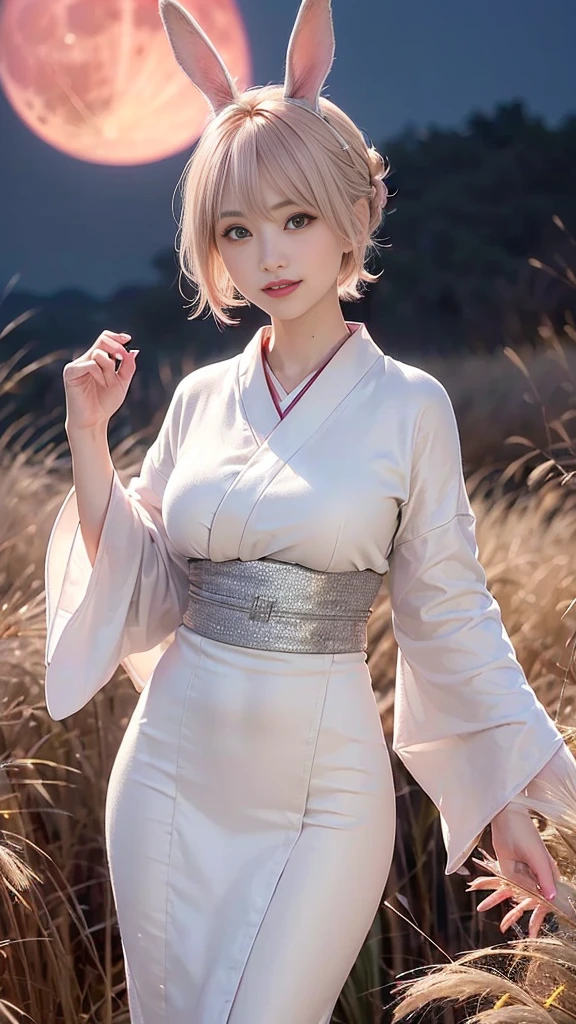 (Ultra high definition,Very sophisticated,Perfect Face,Age is 16,Highest quality,Realistic raw texture,Realistic,Natural smile,Pink platinum blonde,Sexy hairstyle:1.5),(Slender and exquisite physique,Stylish thin eyebrows:1.2),(see through,Japanese clothing,Japanese twelve-layered kimono,Bunny ears:1.4),(perfect body,perfect proportion,The torso is short,Red full moon and silver grass background,Time: Night:1.3),
