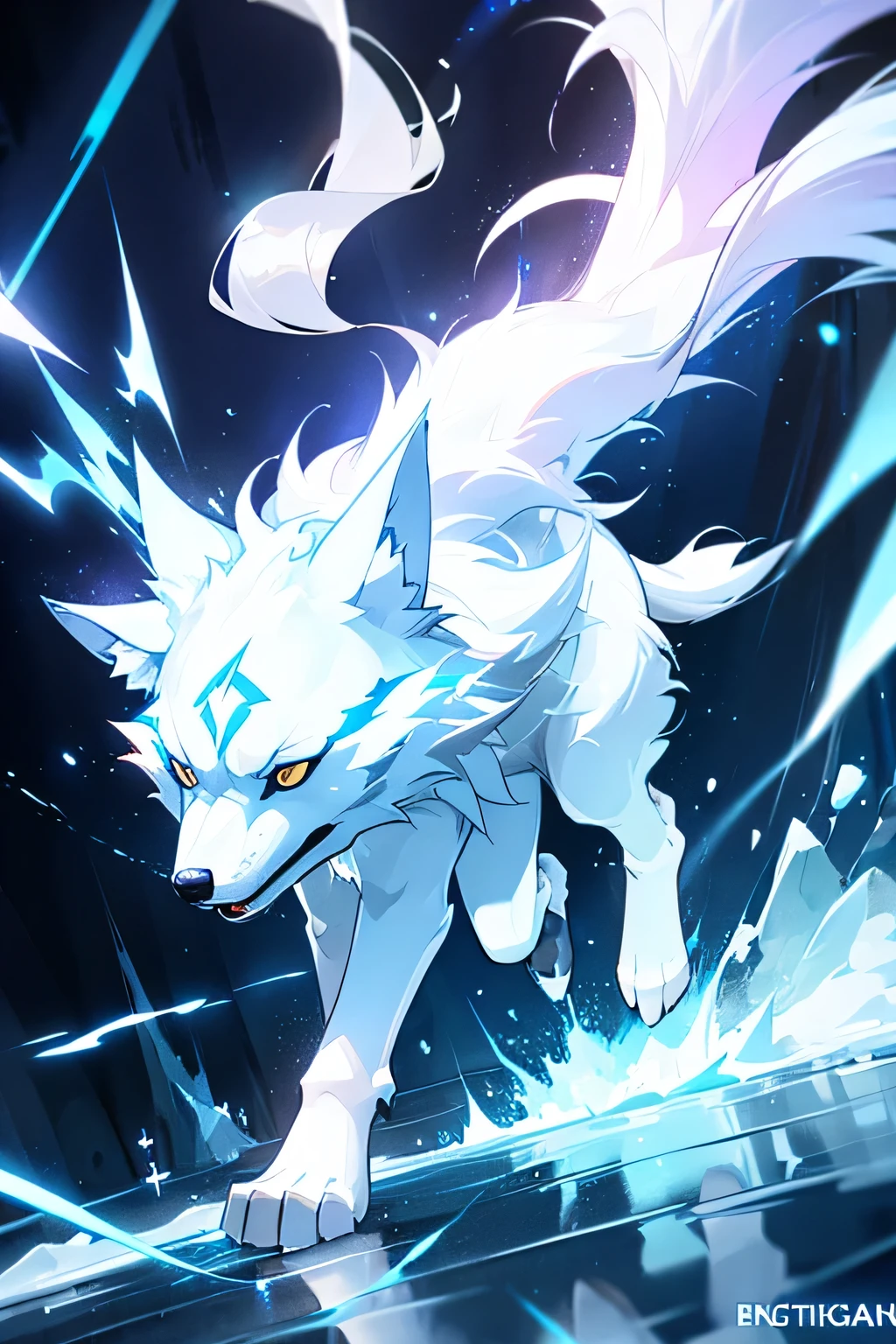 White fantasy wolf　Wearing electricity　Some of it is melted　On ice