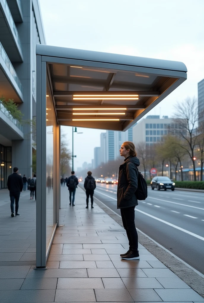 Show me a bus stop that only allows you to wait standing with horizontal bars to support yourself. 