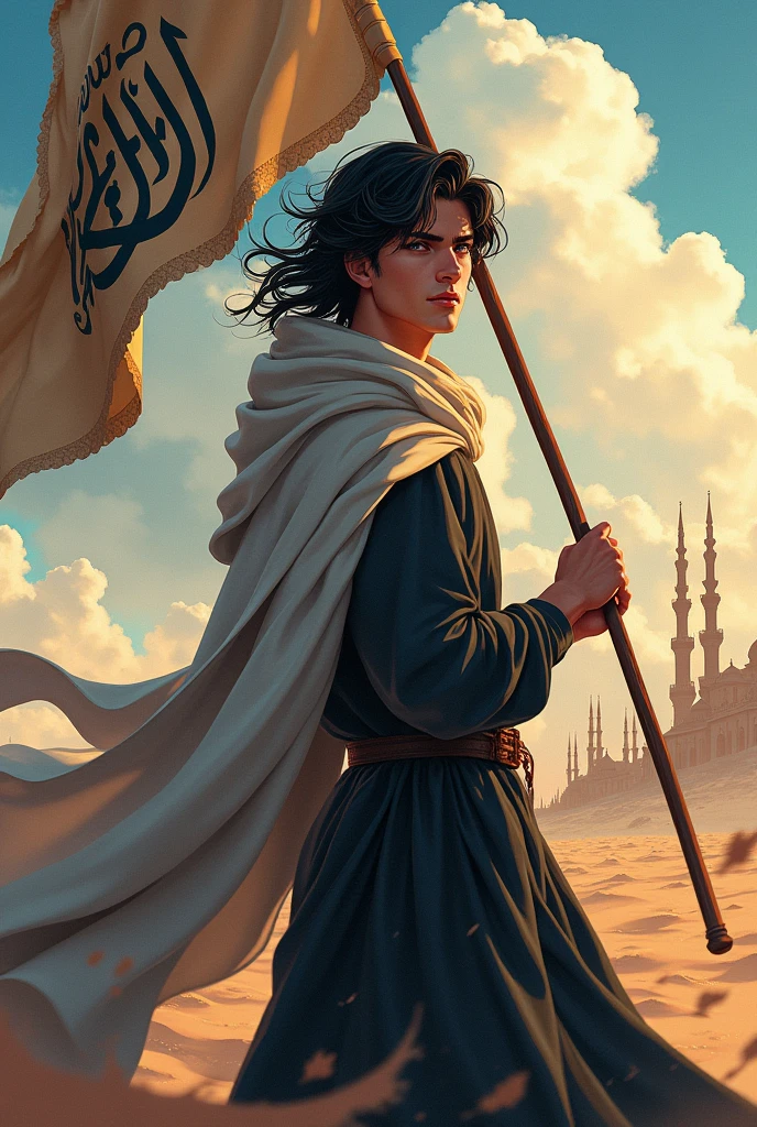 Hot anime boy. And he also muslim The boy's face should be covered with a handkerchief and his hair should be long enough to touch his face (and he should have an big Islamic flag in his hands) 