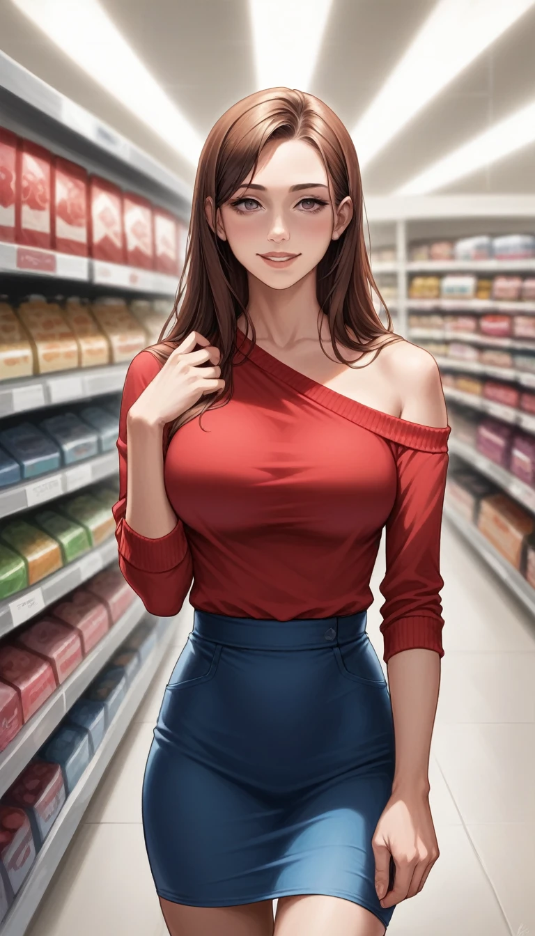 (best quality, ultra-detailed, photorealistic: 1.39), Face of naughty 1 ager, Girl in love with big breasts, bright and vibrant colors, studio lighting, romantic expression, beautiful detailed red off-shoulder sweater:1.2 , sensual white mini skirt, elegant makeup, long blonder hair flowing in the wind, attractive eyes, lips bright, sexy pose, beautiful roses, smiling confidently and seductively, posing for a professional photo shoot, shallow depth of field, soft natural lighting, creating a dreamy and magical atmosphere. In the clothing store, beautiful store