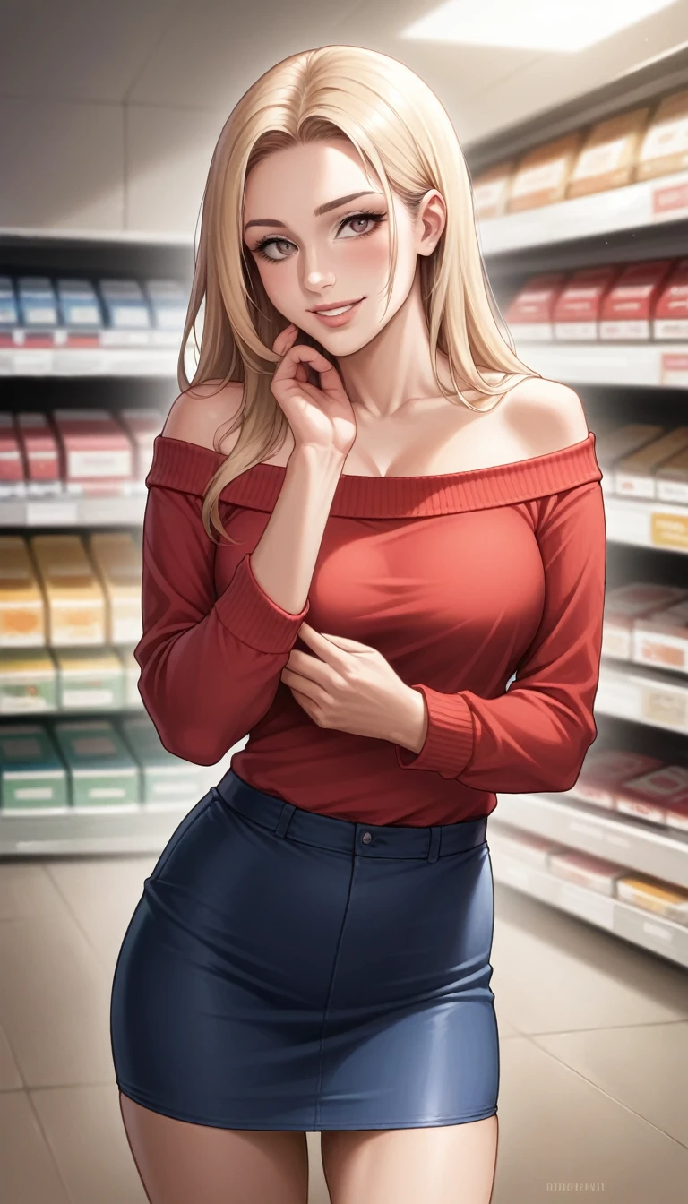 (best quality, ultra-detailed, photorealistic: 1.39), Face of naughty 1 ager, Girl in love with big breasts, bright and vibrant colors, studio lighting, romantic expression, beautiful detailed red off-shoulder sweater:1.2  , sensual white mini skirt, elegant makeup, long blonder hair flowing in the wind, attractive eyes, lips bright, sexy pose, beautiful roses, smiling confidently and seductively, posing for a professional photo shoot, shallow depth of field, soft natural lighting, creating a dreamy and magical atmosphere. In the clothing store, beautiful store