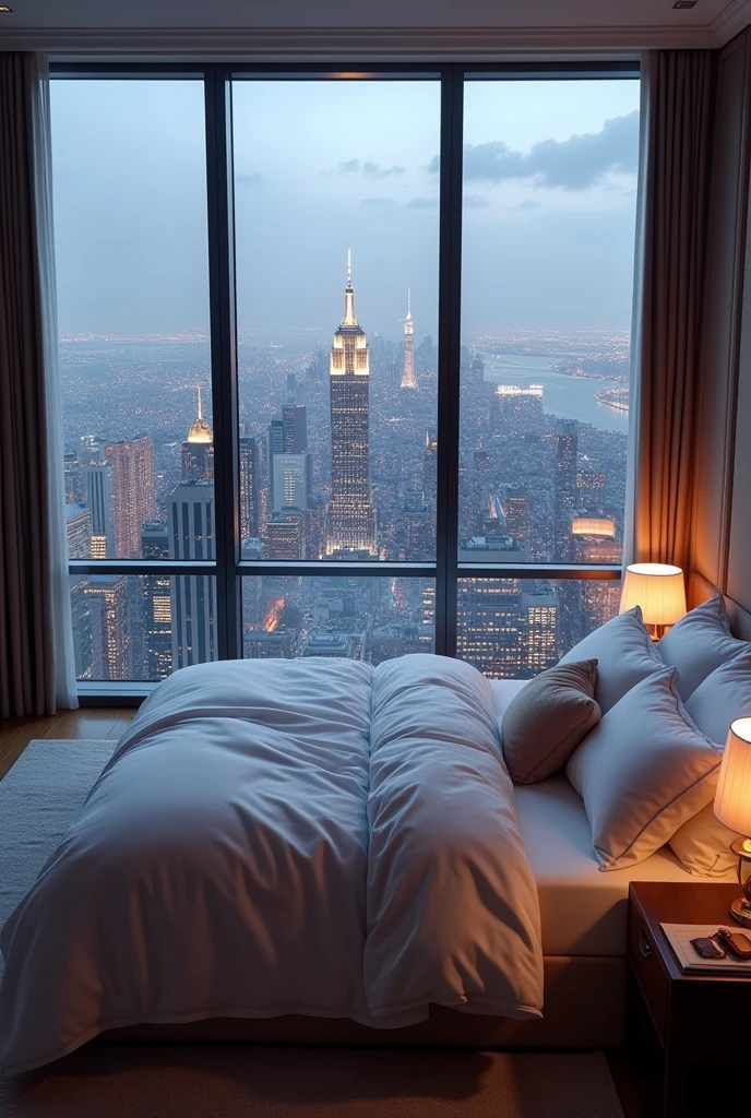 A comfortable bed in in a tall skyscrapper with a very beautiful view
