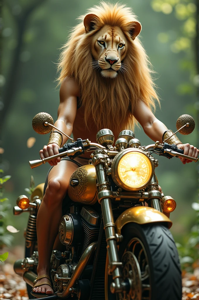 Beautiful girl with lion head sitting in a beautiful bike