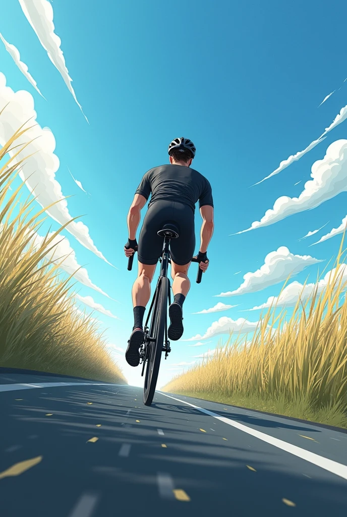 Male road bike rider、Running straight into the depths。The player wears a helmet、Wearing a black cycling jersey。The viewpoint is slightly diagonally from the left rear.、A composition that shows the player's back。Raise your shoulders、Lean your body forward.、I press the pedal hard、You can see how the boat is progressing despite the wind.。Helmet straps and cycling jerseys flapping backwards in the wind。
In the background is a cycling road on the river bank.。The road is asphalt、There are no guardrails on either side。There was knee-high grass growing on both sides.、Pushed sideways by the wind、It looks like it's wavy。Because of strong winds、The grass is tilted significantly away from the direction the player is moving.。The sky is blue、There are few clouds、Thin, wind-blown clouds float in the sky.。as a whole、A scene showing the strength of the headwinds。