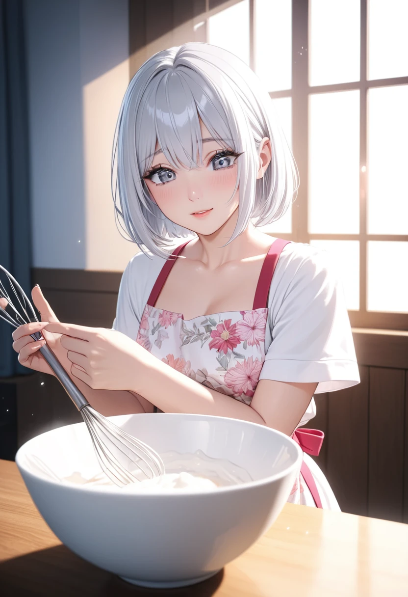 masterpiece, glowing particles, ambient lights, cute, full body detailed, 32K, high details, perfect lighting, perfect anatomy, soft light, BREAK ((shiny silver hair)), bob cut, bang between eyes, beautiful hair), (glossy silver eyes:1.5), (beautiful eyes, twinkle eyes, large eyes, close eyes), BREAK (athlete body), cute face, beautiful face, pretty face, beautiful, best quality, good anatomy, long eyelashes, expressive eyes, Perfect Hands, BREAK 1girl, pink botanical print apron, white shirt, short sleeves, afternoon, dining room, She is mixing the contents of the bowl with egg whites and strong in a whisk in her hand
