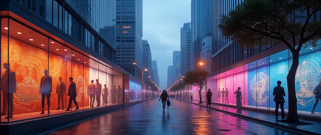detailed intricate glass display cases, streets of São Paulo, Brazil, 2024, contemporary urban architecture, neon lighting, reflections, pedestrians, city life, photorealistic, 8k, highly detailed, cinematic lighting, warm color tones, dramatic shadows, volumetric fog, award-winning photography