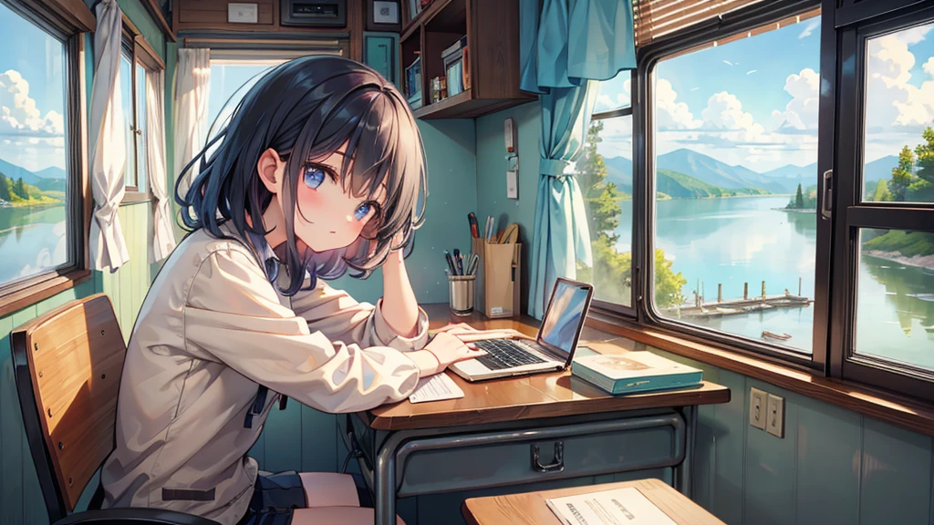 Lofi art, Describe a scene where a woman is sitting at a desk in a camper with a wide window, concentrating on her laptop. The camera shows a close-up of the woman and the window, which gives a clear view of the large lake outside. On the desk in front of her is a cup of coffee. She is looking in the direction of the window.