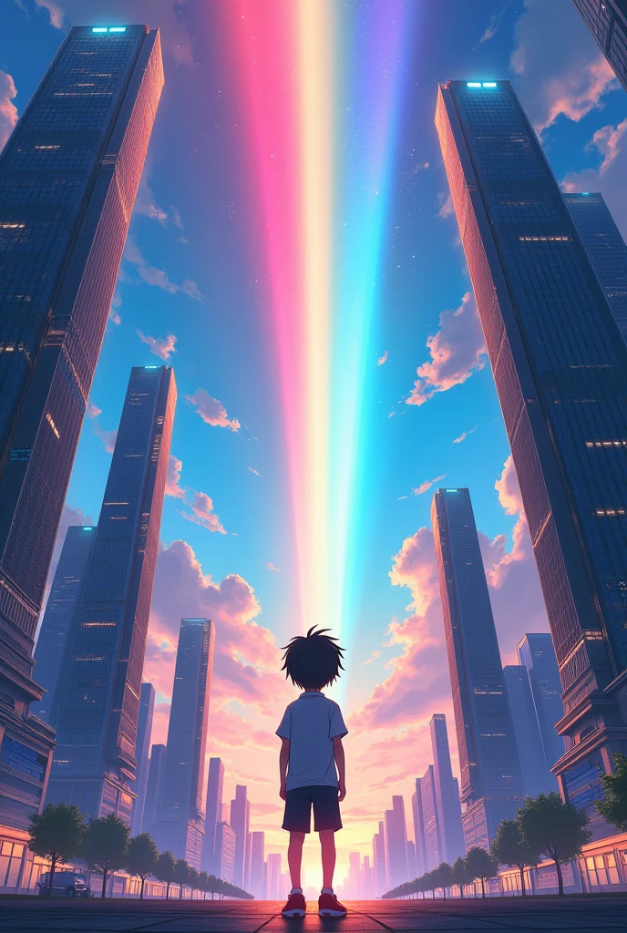 Anime boy standing in a big city looking at the rainbow sky,Near future city、 Makoto Shinkai Cyril Rolland, anime art wallpaper 4k, anime art wallpaper 4k, Anime Art Wallpapers 8K, Inspired by Cyril Rolland, Dan Mumford's Artwork Style, Awesome Wallpapers, by Yuumei