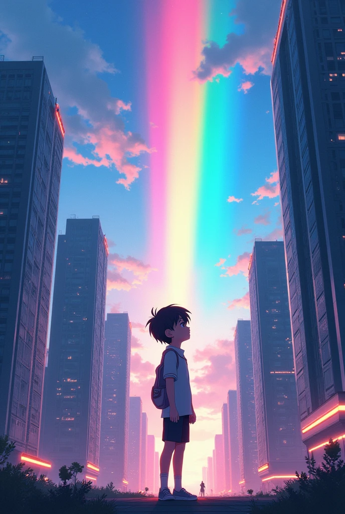 Anime boy standing in a big city looking at the rainbow sky,Near future city、 Makoto Shinkai Cyril Rolland, anime art wallpaper 4k, anime art wallpaper 4k, Anime Art Wallpapers 8K, Inspired by Cyril Rolland, Dan Mumford's Artwork Style, Awesome Wallpapers, by Yuumei