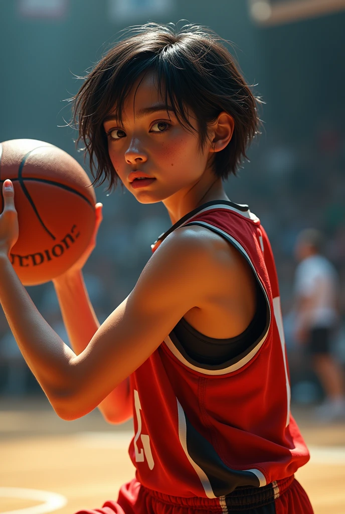 basketball、Number 14、The uniform is stylish black.、A lively girl、Short Hair、Sweat、energy、cool、Real、4K、Dashing、Back view shooting scene、(Highest quality,8k,High resolution,Masseter muscle area:1.2),Very detailed,Realistic:1.37,Portraiture,Dynamic Angle,sporty,Attractive face,Detailed beauty face,非常にRealな肌,Wet Skin,Tight waist,Beautiful legs ,sporty,basketballットボール会場 ,Cinema Lighting,