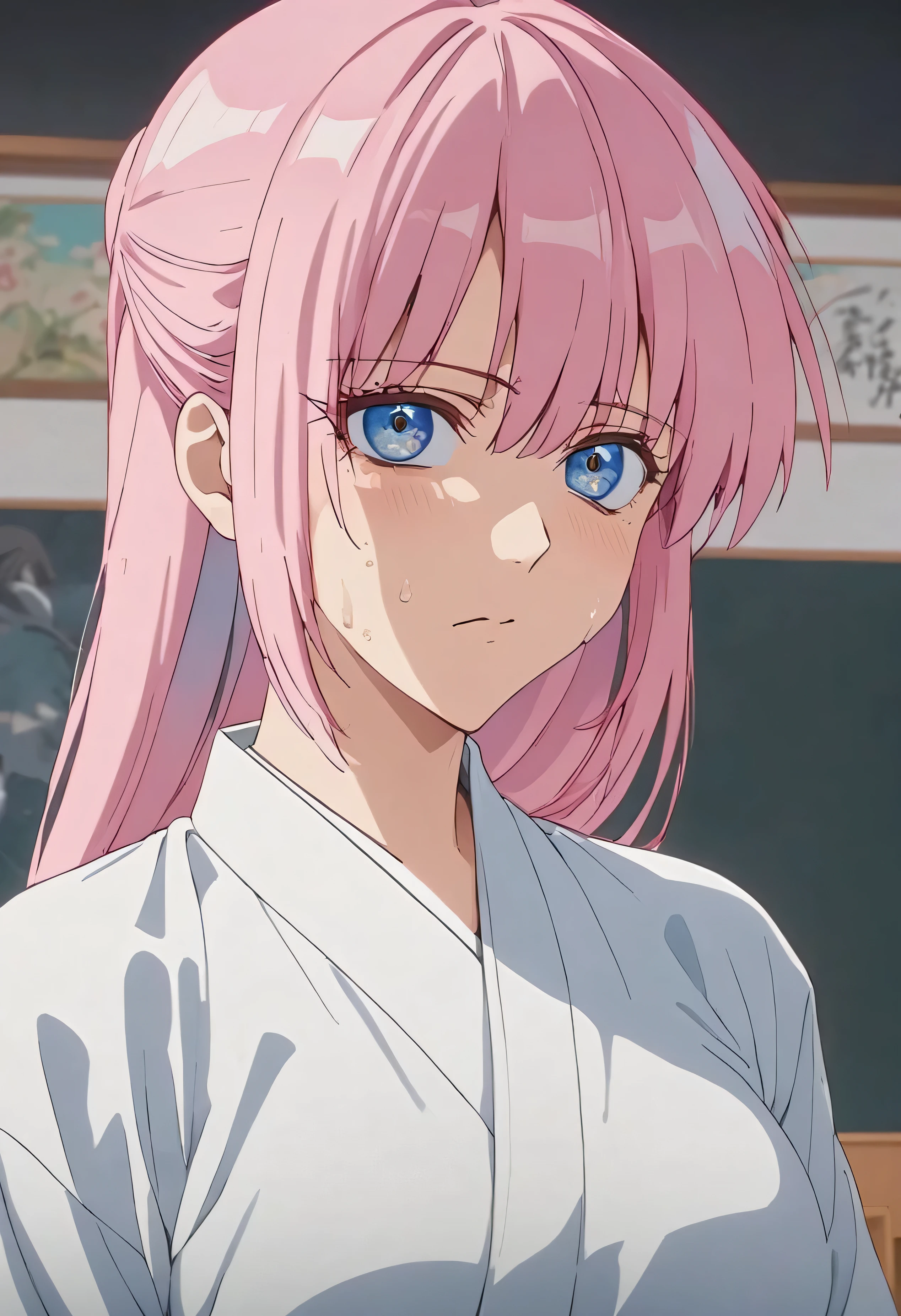 masterpiece, Highest quality, High resolution,(Shikimori-san), 1990s\(style\),(D-cup beautiful breasts),Sweating all over the body,Hosomi、A sharp expression,cool,Handsome,Karate,A dignified expression、(Anime-style painting style),Pink Hair、long hair、(Cool face)、Pointed Eyes,Composition focusing on the upper body,(solo),Background inside the school