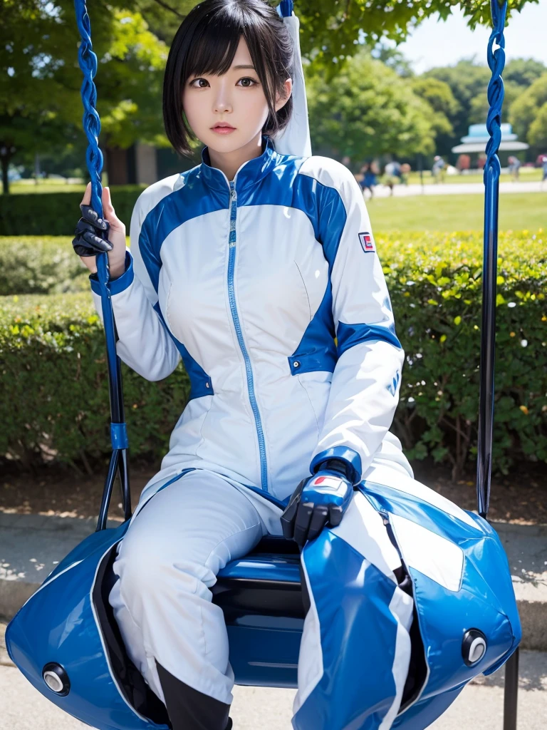 Japanese female android,Black Hair,White and blue robot suit,Plump,Riding on a swing in the park,