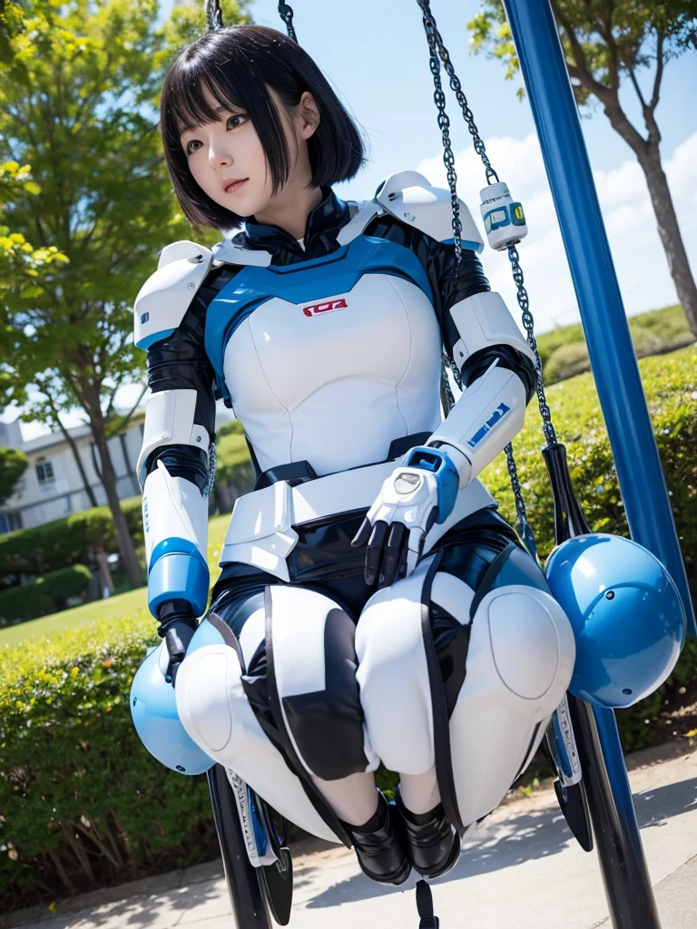 Japanese female android,Black Hair,White and blue robot suit,Plump,Riding on a swing in the park,