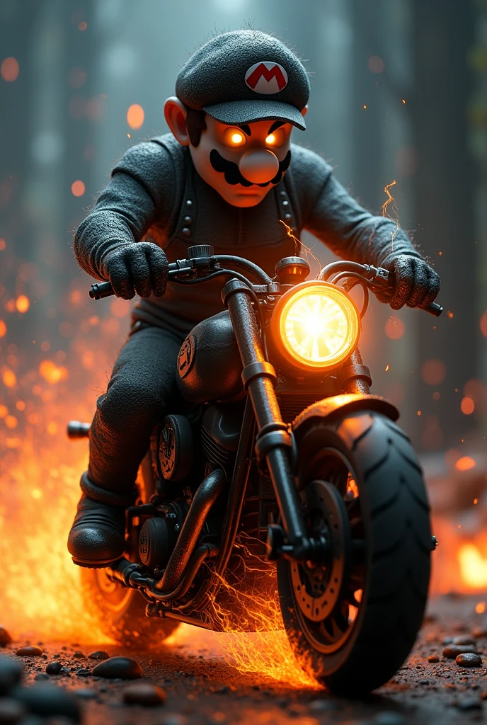 Dark风格马里奥,Ghost Rider Mario,Mario on a motorcycle,flame,Dark,Expression,ghost,chain
