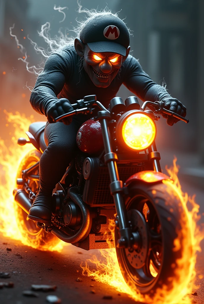 Dark风格马里奥，Ghost Rider Mario，Mario on a motorcycle，flame，Dark，Expression，ghost，chain