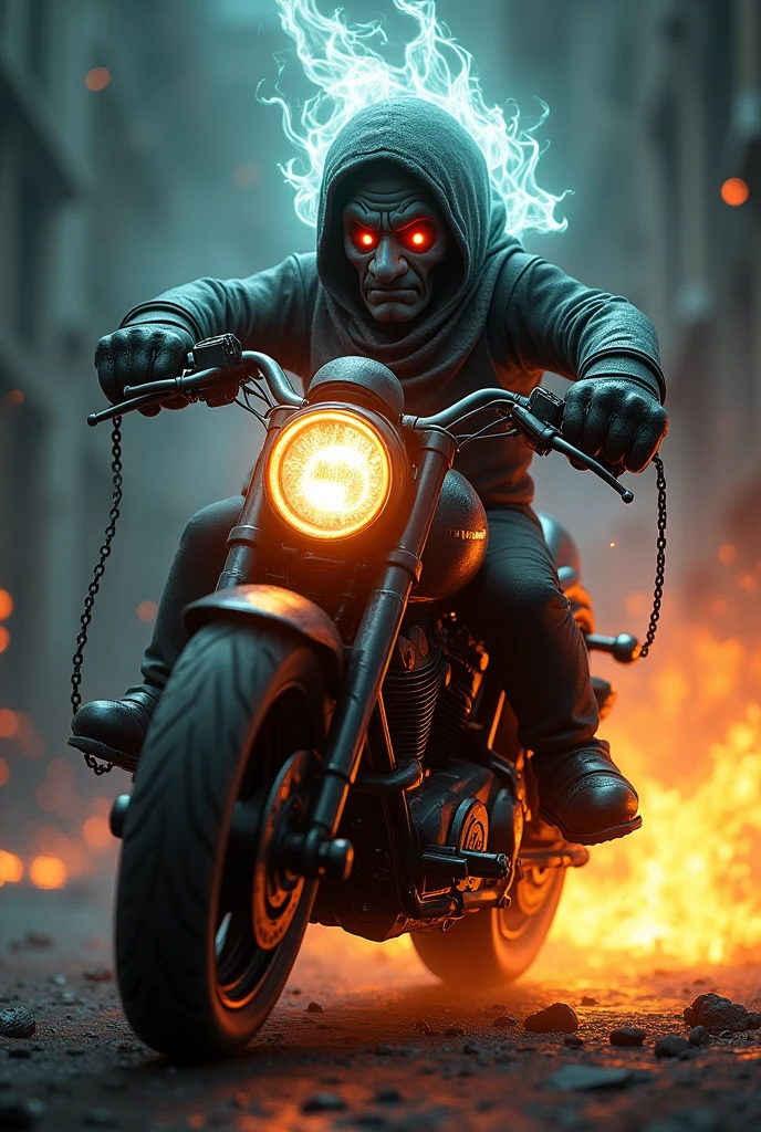 Dark风格马里奥，Ghost Rider Mario，Mario on a motorcycle，flame，Dark，Expression，ghost，chain