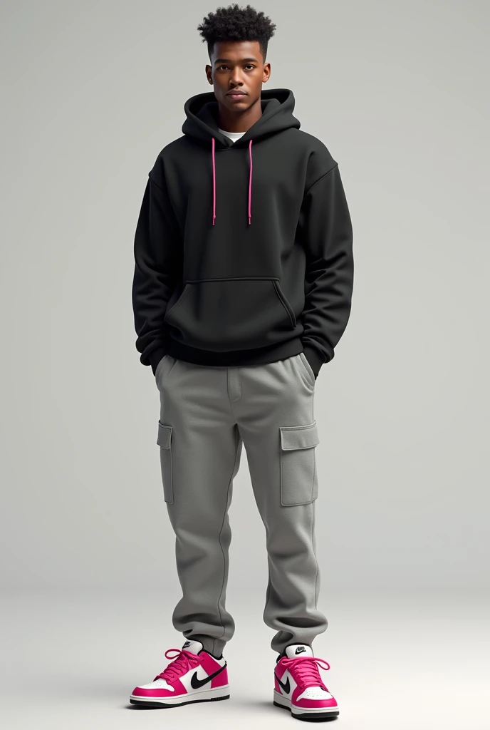 I want to create a brown man with height 5 ft 8 inches with Footwear Nike SB Dunk Born and Raised in pink Laces, Grey Sweat pants and Black Hoodie