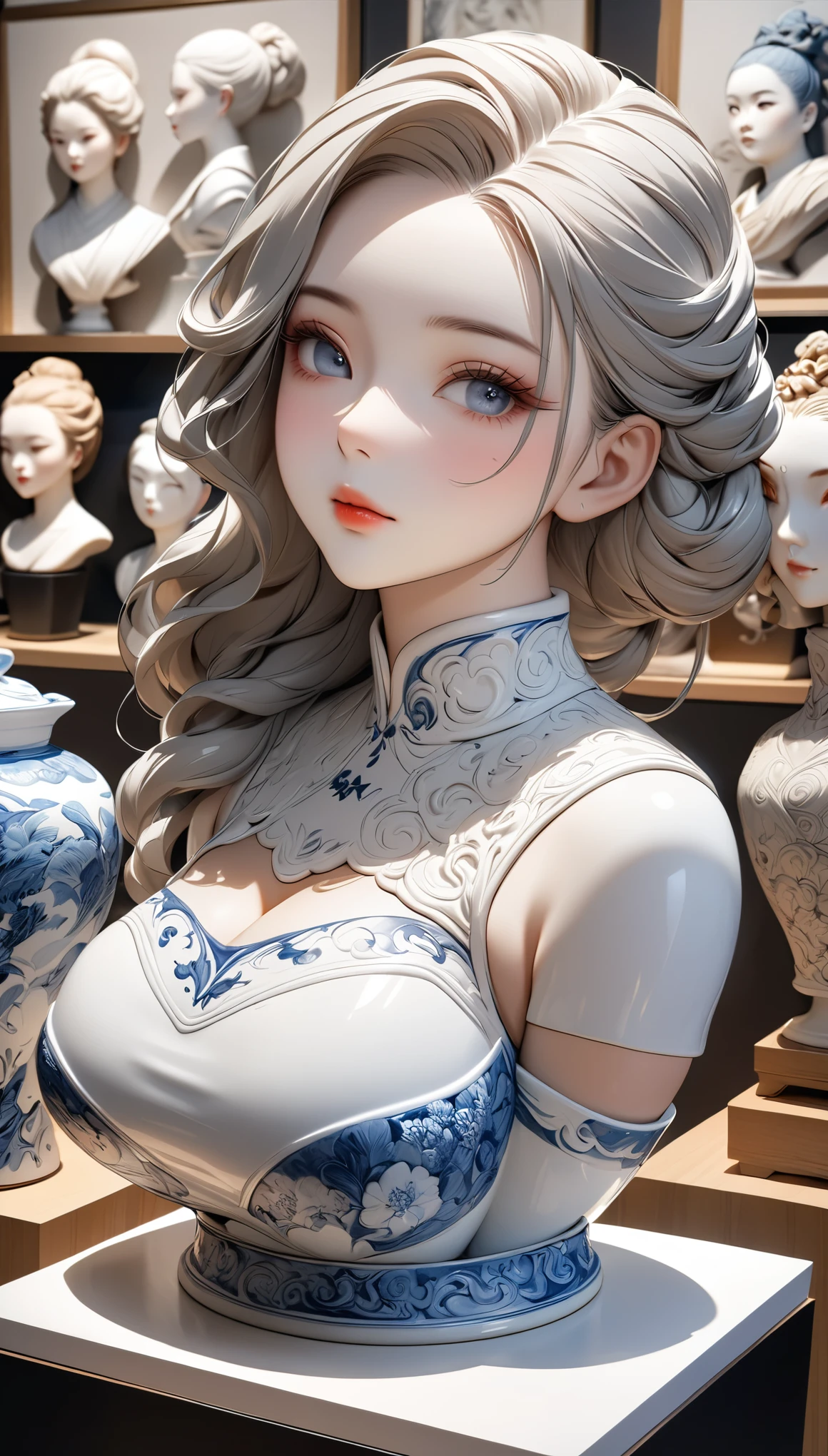 Ceramic bust of a woman, Beautiful girl statue, Curvaceous, Sweet look, Pottery skin, Ceramic Face, Porcelain Hair, Natural texture, White porcelain tin, Artworks on display, Fine ceramic art, Highest quality, Highest quality, masterpiece:1.2.