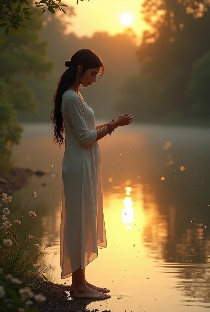 As the sun began to set, casting a golden hue over the tranquil lake, Mira stood barefoot at the water’s edge, her long black hair flowing gently in the breeze. She wore a delicate white kurti over a simple dress, which clung to her figure as the water lapped at her legs, creating a sparkling, ethereal effect. Tiny droplets gathered on her skin, making her feel both vulnerable and liberated.
Mira had come to this secluded spot to escape the chaos of her life, seeking solace in nature’s embrace. The long winding path through the trees had led her here—a secret haven where she could reflect and reconnect with herself. The soft wind brushed against her lips, carrying with it the scent of blooming wildflowers and fresh water.
As she stood there, gazing at her reflection in the shimmering surface, she traced the outline of the delicate bracelet on her wrist, a family heirloom that reminded her of the strength of the women who came before her. The tranquility of the moment enveloped her, urging her to let go of her worries and embrace her true self.
But just as she was about to lose herself in the depths of the water, a soft rustling behind her broke the silence. Turning her head, Mira’s heart raced as she spotted a figure emerging from the tree line—someone who would ignite a spark in her still heart and shift the course of her evening forever. What could this encounter mean for her journey of self-discovery?