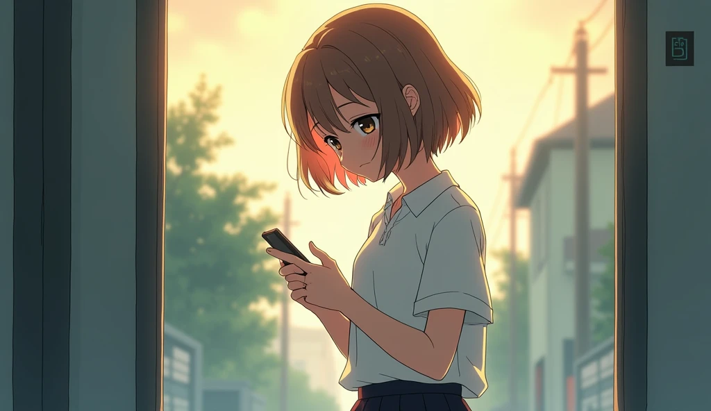 Anime image of a age girl with short brown hair wearing a white shirt and black skirt looking down at her vibrating mobile phone in fear. The bright but gloomy morning atmosphere is filled with anxiety.