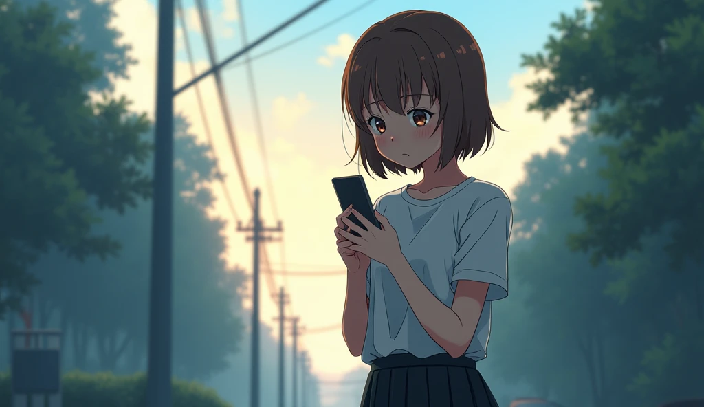 Anime image of a age girl with short brown hair wearing a white shirt and black skirt looking down at her vibrating mobile phone in fear. The bright but gloomy morning atmosphere is filled with anxiety.