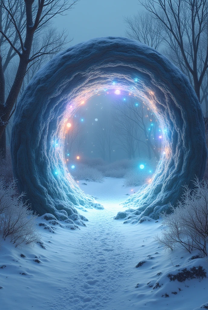 Draw me a portal in winter that leads to another dimension. The portal looks crazy and space-like.