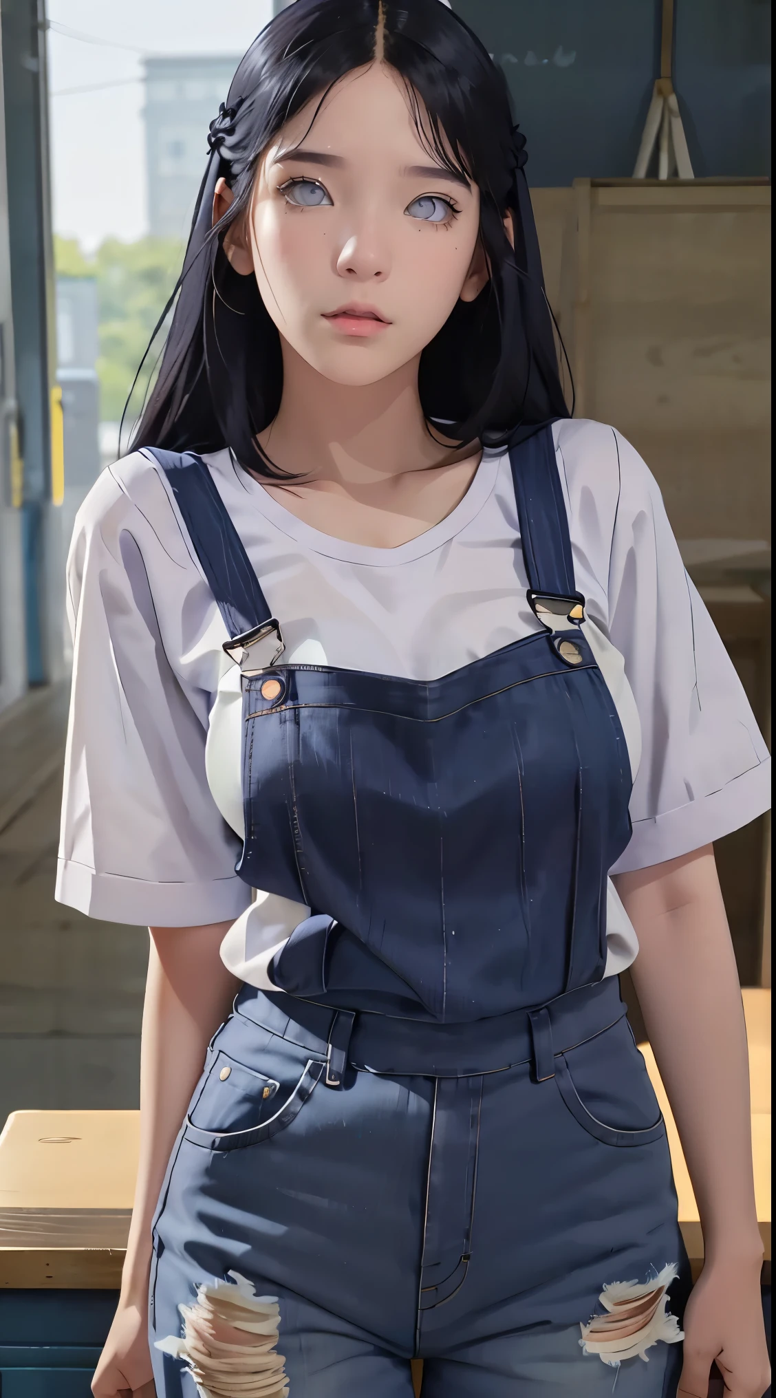 Masterpiece， best quality， Very detailed， illustration，1 girl，
long white hair，dark blue hair，french braid，purple eyes，smooth, blunt，rift，Big Breasted Shirt，（Jeans overalls：1.1），
Medium bust， 
looking at the audience，Hyukja/（Boruto/），detailed lips