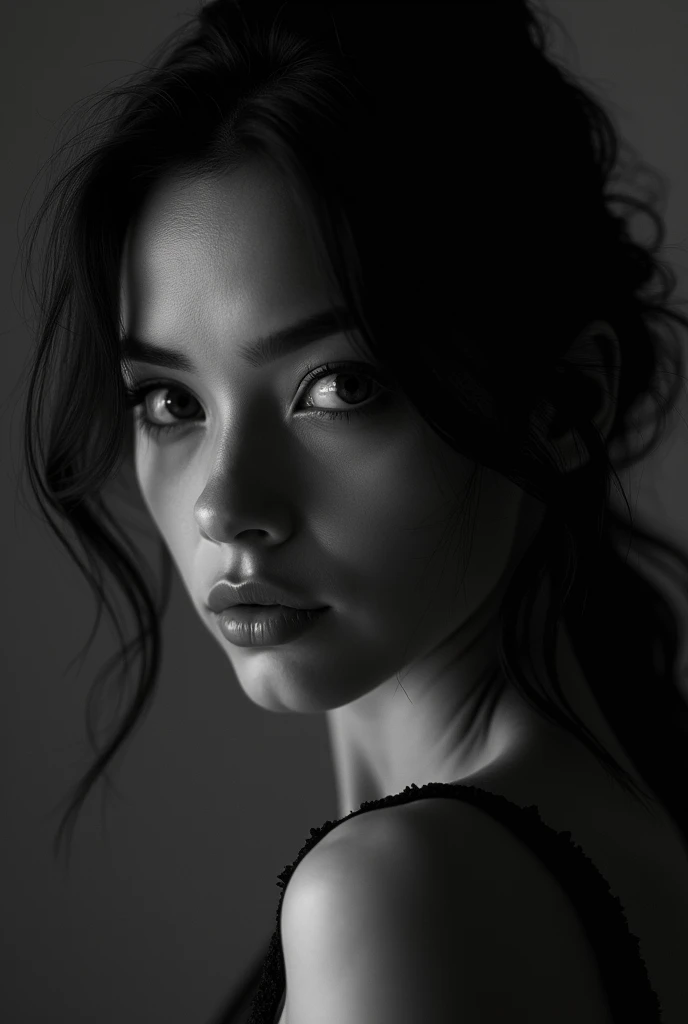 Mystical Aura: A soft delicate portrait of a model with a mysterious, emotional pose, in a dimly lit photography studio, and enigmatic expression. The monochrome palette and an award-winning portrait, create a captivating atmosphere, with 4K resolution capturing every fine detail of her face and the surrounding environment.