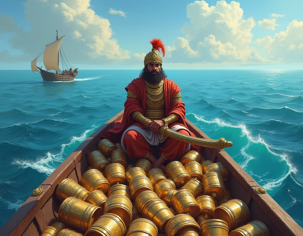 A rajput man riding in a bot in middle in ocean the boat is full of gold and silver drums