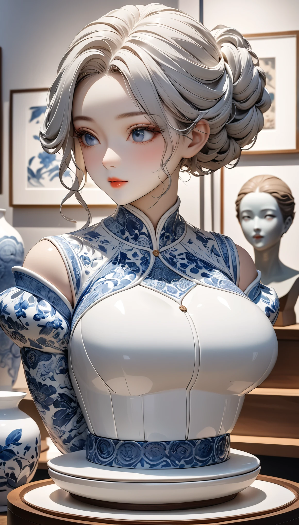 Ceramic bust of a woman, Beautiful girl statue, Curvaceous, Sweet look, Pottery skin, Ceramic Face, Porcelain Hair, Natural texture, White porcelain tin, Artworks on display, Fine ceramic art, Highest quality, Highest quality, masterpiece:1.2.