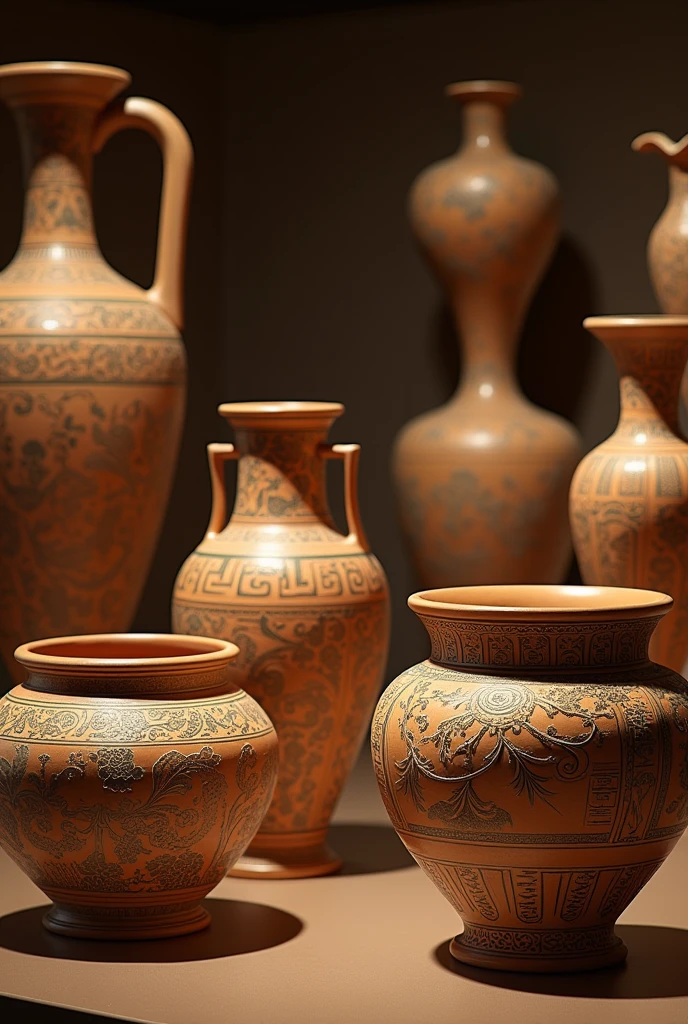 detailed ancient greek ceramics, intricate pottery, high quality 3D render, extremely detailed fine art, antique vases, classical greek art, beautiful ornate designs, ornate patterns, delicate textures, sophisticated ancient craftsmanship, (best quality,4k,8k,highres,masterpiece:1.2),ultra-detailed,(realistic,photorealistic,photo-realistic:1.37),museum quality, cinematic lighting, warm color tones