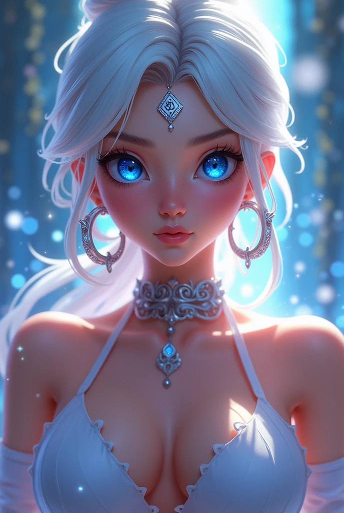 1 girl, blue eyes, jewelry, long hair, Very Long Hair, Side Bun, big breasts, Earrings, Pupils Symbol, animated, Style animated, Spark, Bright light, white hair color 
