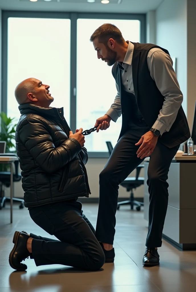 Create a hyper-realistic, high-resolution RAW image featuring TWO EXTREMELY HANDSOME MEN TOGETHER in a brightly lit office setting. The focus is on the intense interaction between the two men, with every detail rendered to achieve an absurdly realistic result.
Man A, Age 48: A strikingly handsome man with light-colored eyes and short hair showing early signs of balding. He is dressed in dark pants, formal shoes, and an open, *extremely shiny black leather puffer jacket* that exposes his hairy chest and slightly prominent belly. Man A is positioned on all fours on the office floor, wearing a visible expression of deep humiliation and forced submission. A collar, resembling that of an animal, is around his neck, and he is being pulled by it.
Man B, Age 31: The dominant figure in the scene, Man B is the boss, with short hair, light skin, and a naturally attractive, non-muscular build. He is dressed in sharp, well-fitted business attire, including a dress shirt and formal trousers. He stands tall next to Man A, gripping the animal collar with a smug, authoritative expression as he pulls it, forcing Man A’s head upward toward the camera. His body language and facial expression convey clear dominance and a sense of power over the humiliated employee.
The office is brightly lit, with clean, modern decor, enhancing the stark contrast between the submissive posture of Man A and the authoritative stance of Man B. The image should capture the fine details of their clothing, facial expressions, and the dynamic interaction, emphasizing the realism of the scenario and the power imbalance between the two men. Every aspect should be meticulously detailed to create an image of striking realism.