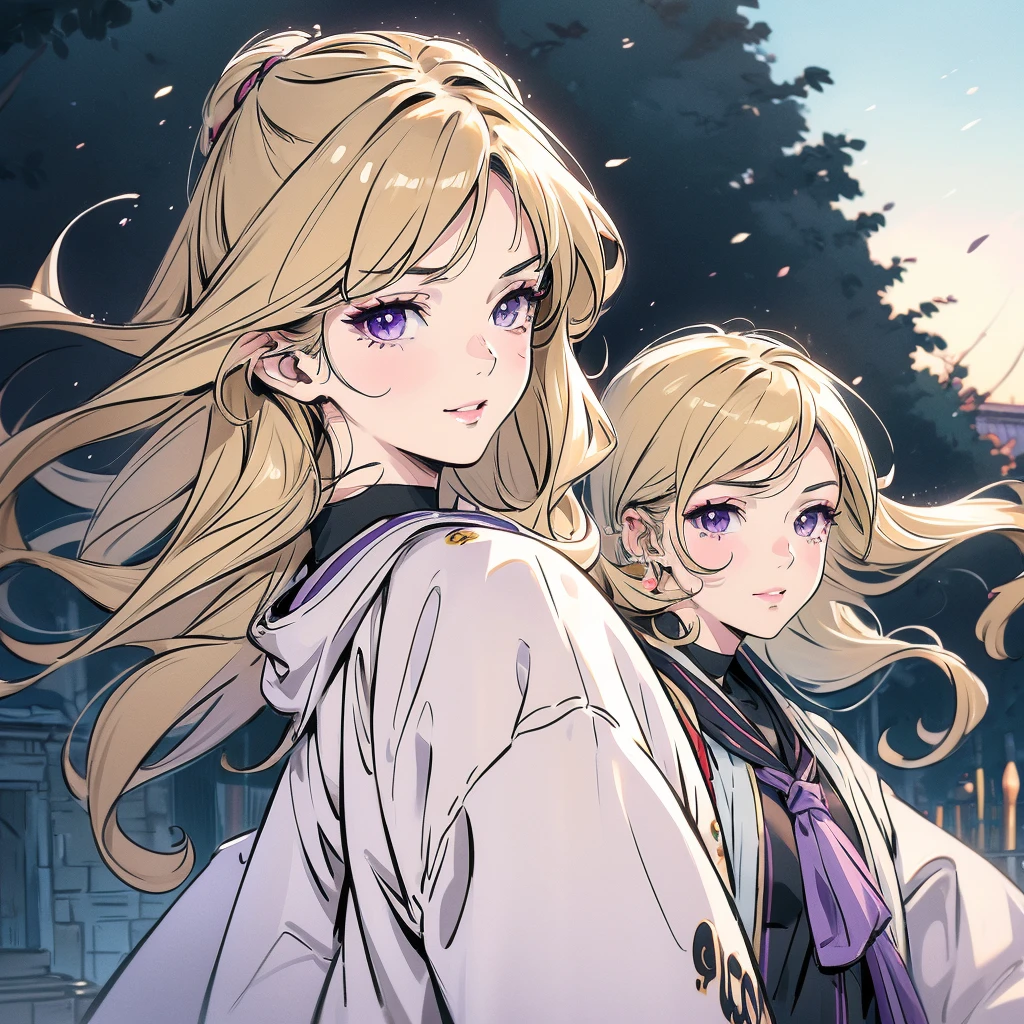 ((masterpiece)), ((最high quality)), (Blonde), (Long Hair), 30 years old, (One girl), ((Very medium chest)), (Beige duffel coat), (From behind),, Black boots, smile, Upper Body, artwork, Kuru, beautiful芸術, Professional Artist, 8k, アートスタイル by shaman240, Highly detailed face, Very fine hair, 1 female, perfectly dKurun body, beautiful顔, Bishamon from Noragami,((Curly Hair)), {{Purple eyes}}, compensate, beautiful, High resolution, masterpiece, 最high quality, Attention to detail, Attention to detailed eyes, Grain Filter, Detailed lips, High resolution, Ultra-detailed, Portraiture, White women, Realistic proportions, Anatomically correct, Rosy Cheeks; Dim lighting, high quality, Awards, High resolution, 8k,, summer, Despicable, Film Grain, Ilford HP5, 80mm, Strong Woman, have confidence, Black clothes, (artwork:1.2), Better Quality, Pixiv, Cool girl, wonderful, Blonde, , Choker Necklace, Revenue Lind, fun, sexy, ((Purple eyes)), Perfect Eyes, intricate details of the eyes, Playful smile, Look directly at the viewer , Fall in love with the audience'Representation of, Black shock, lipstick, Wearing cute autumn clothes, Jacket, sweater, Short pencil skirt, {Thigh Boots}, ((Full body image)), Are standing, Put one foot on a park bench, Autumn landscape on a sunny day, Focus on the feet